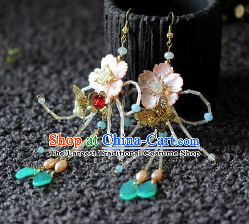 Chinese Handmade Hanfu Pink Shell Flower Earrings Traditional Ancient Palace Ear Accessories for Women