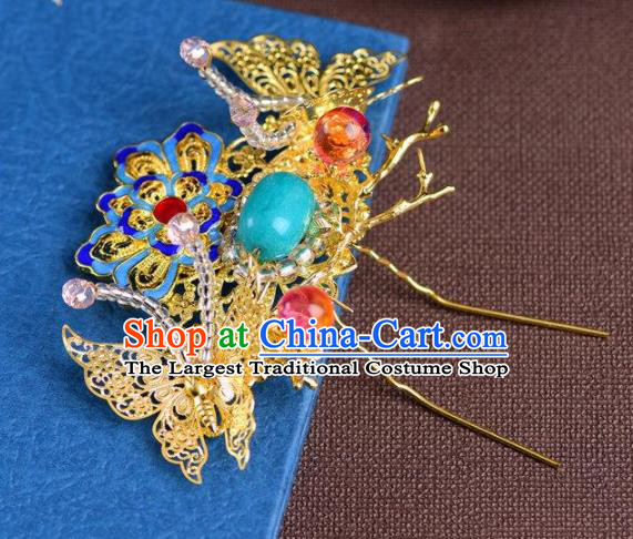 Handmade Chinese Ancient Princess Blueing Lotus Butterfly Hair Clips Hairpins Traditional Hair Accessories Headdress for Women