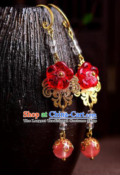 Chinese Handmade Hanfu Red Flower Earrings Traditional Ancient Palace Ear Accessories for Women