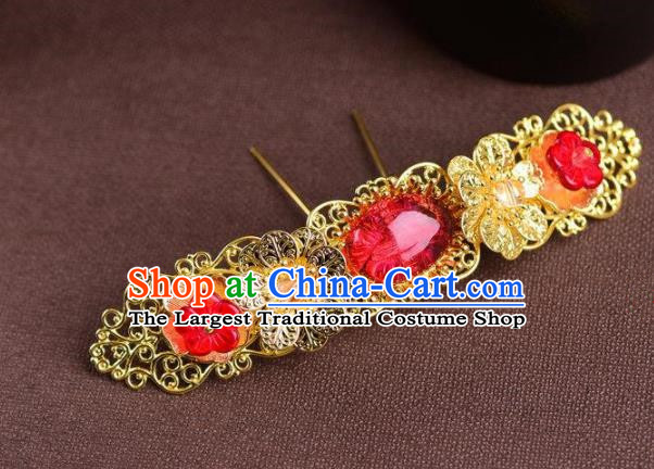 Handmade Chinese Ancient Princess Red Glass Hairpins Traditional Hair Accessories Headdress for Women