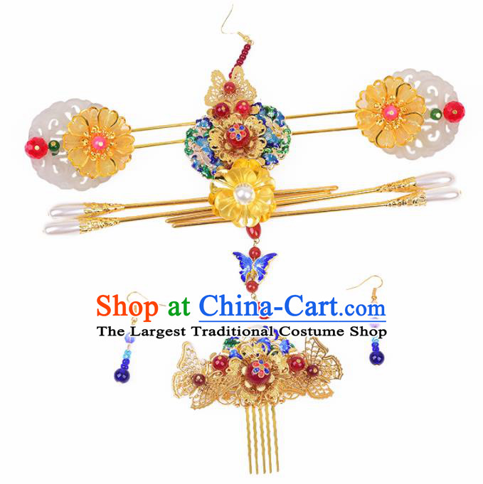 Handmade Chinese Ancient Wedding Jade Hairpins Traditional Hair Accessories Headdress for Women
