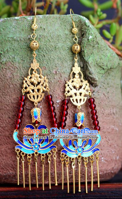 Chinese Handmade Hanfu Blueing Tassel Earrings Traditional Ancient Palace Ear Accessories for Women