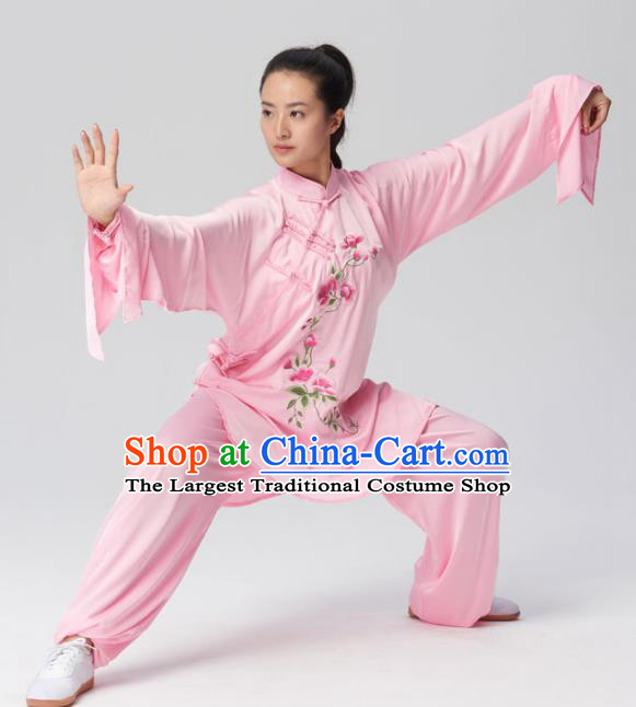 Chinese Traditional Tai Chi Group Embroidered Pink Costume Martial Arts Kung Fu Competition Clothing for Women