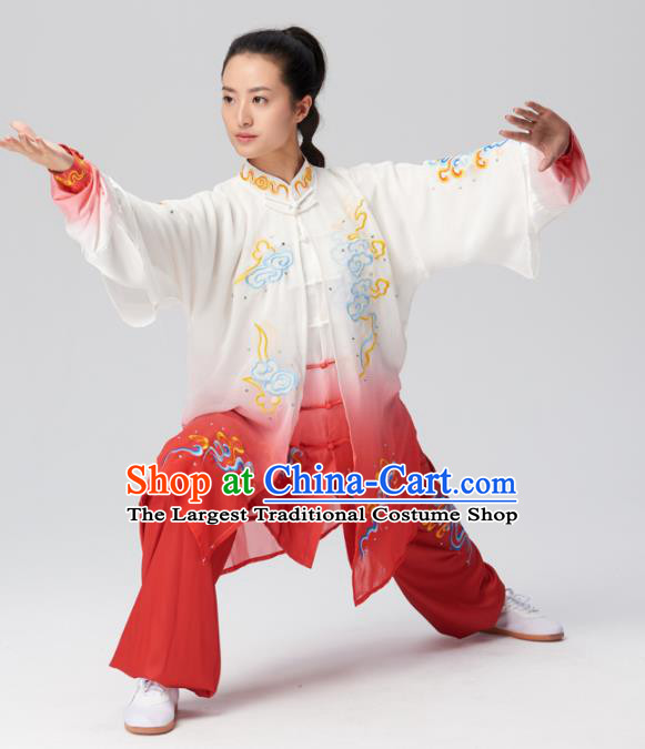 Chinese Traditional Tai Chi Group Embroidered Clouds Red Silk Costume Martial Arts Kung Fu Competition Clothing for Women