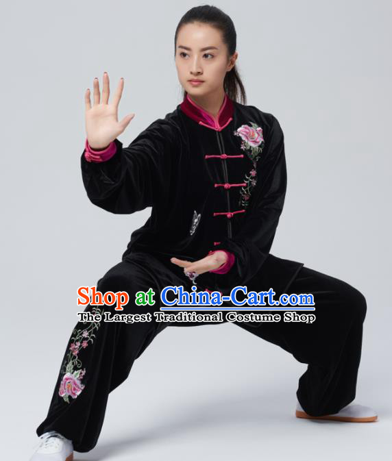 Chinese Traditional Tai Chi Group Embroidered Peony Black Velvet Costume Martial Arts Kung Fu Competition Clothing for Women