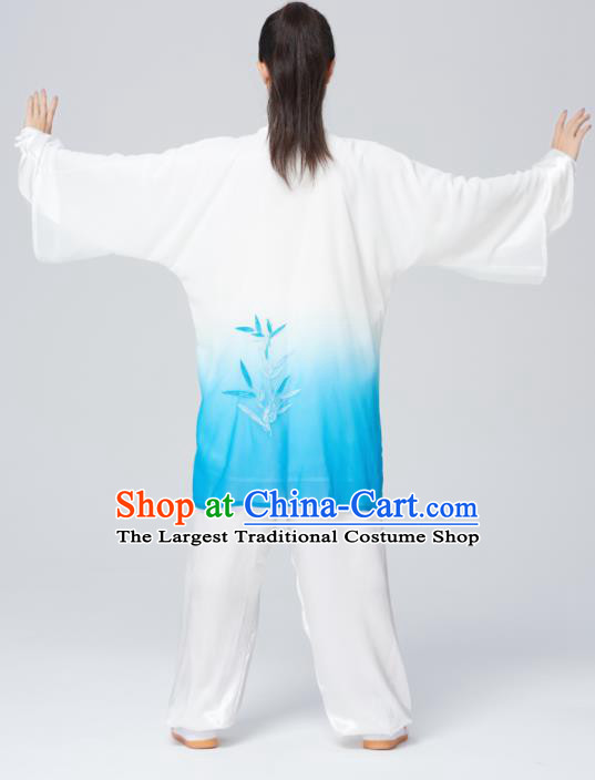 Chinese Traditional Tai Chi Group Embroidered Bamboo Blue Costume Martial Arts Kung Fu Competition Green Silk Clothing for Women