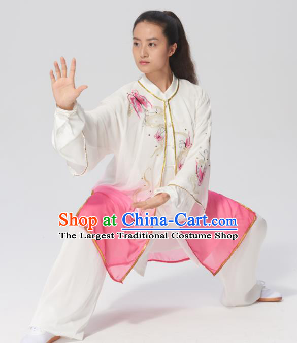 Chinese Traditional Tai Chi Group Embroidered Butterfly Pink Costume Martial Arts Kung Fu Competition Clothing for Women