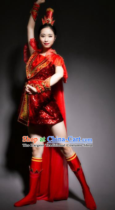 Chinese Traditional National Drum Dance Red Clothing Folk Dance Costume for Women