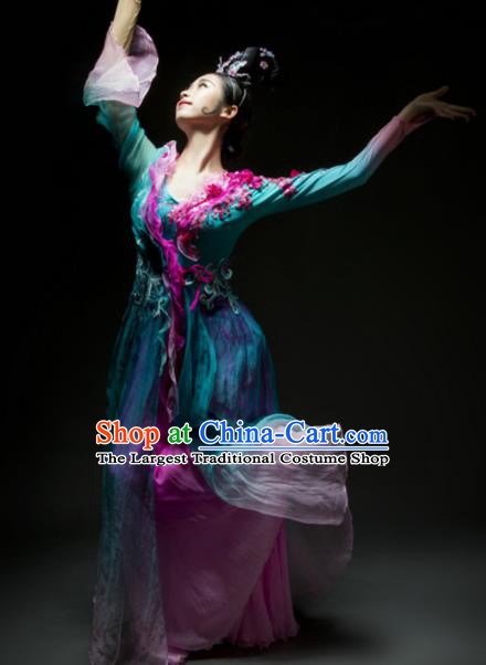 Chinese Traditional Classical Dance Costume Umbrella Dance Blue Dress for Women