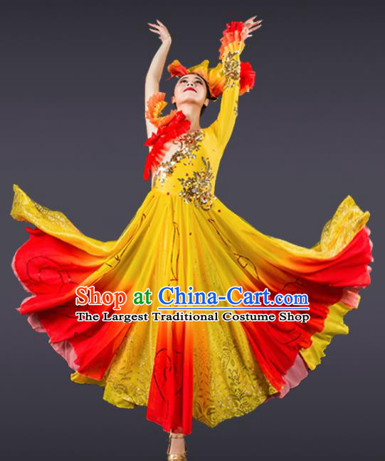 Chinese Traditional Chorus Yellow Dress Modern Dance Stage Performance Costume for Women