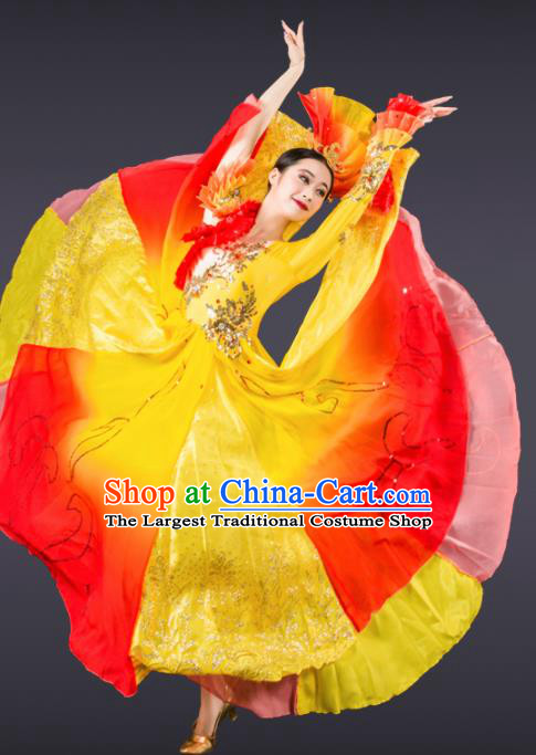 Chinese Traditional Chorus Yellow Dress Modern Dance Stage Performance Costume for Women