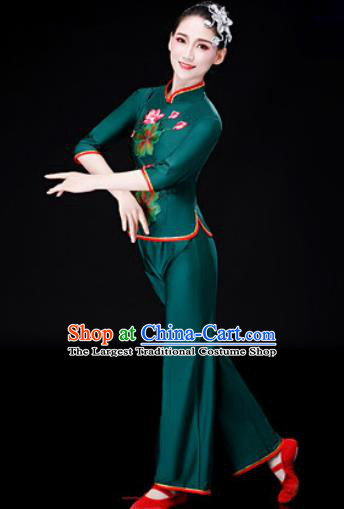 Chinese Traditional National Dance Printing Lotus Clothing Folk Dance Yangko Dance Green Clothing for Women