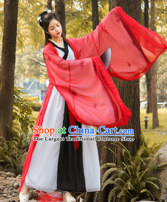 Chinese Traditional Jin Dynasty Embroidered Historical Costume Ancient Swordswoman Red Hanfu Dress for Women
