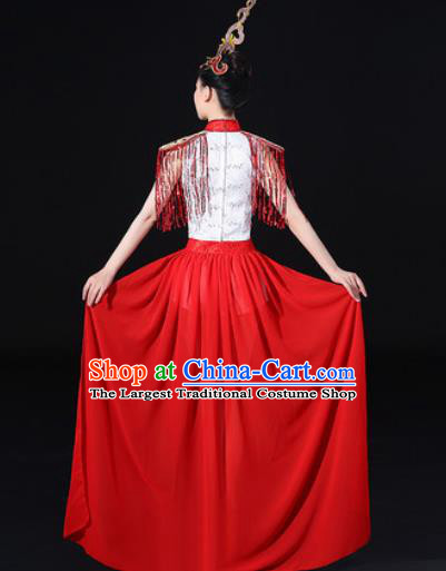 Chinese Traditional Folk Dance Red Clothing Group Drum Dance Stage Performance Costume for Women