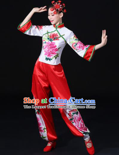 Chinese Traditional Folk Dance Printing Peony Clothing Group Yangko Dance Stage Performance Costume for Women