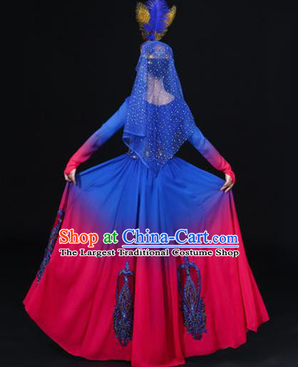 Traditional Chinese Uyghur Nationality Dance Blue Dress Uigurian Folk Dance Ethnic Costume for Women