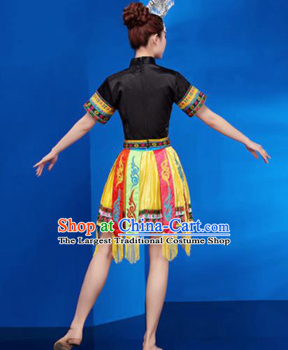 Traditional Chinese Zhuang Nationality Folk Dance Yellow Dress National Ethnic Dance Costume for Women