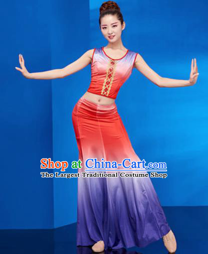 Traditional Chinese Dai Nationality Folk Dance Purple Dress National Ethnic Peacock Dance Costume for Women