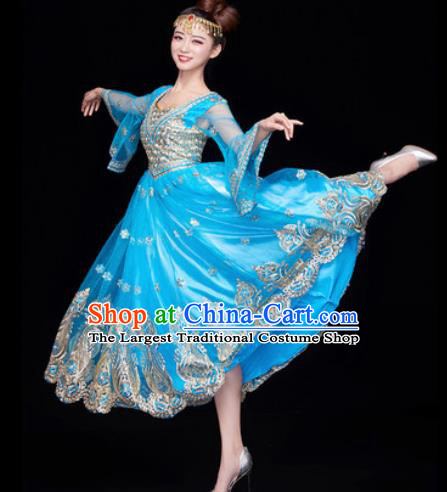 Chinese Traditional Opening Dance Blue Bubble Dress Modern Dance Chorus Stage Performance Costume for Women