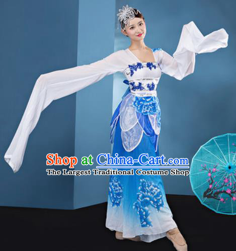 Chinese Traditional Umbrella Dance Blue Dress Classical Lotus Dance Stage Performance Costume for Women