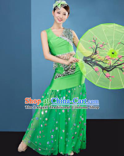Traditional Chinese Dai Nationality Folk Dance Green Veil Dress National Ethnic Peacock Dance Costume for Women
