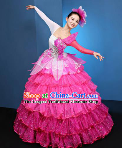 Chinese Traditional Opening Dance Rosy Veil Bubble Dress Modern Dance Chorus Stage Performance Costume for Women