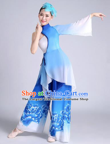 Chinese Traditional Classical Dance Fan Dance Blue Dress Umbrella Dance Stage Performance Costume for Women