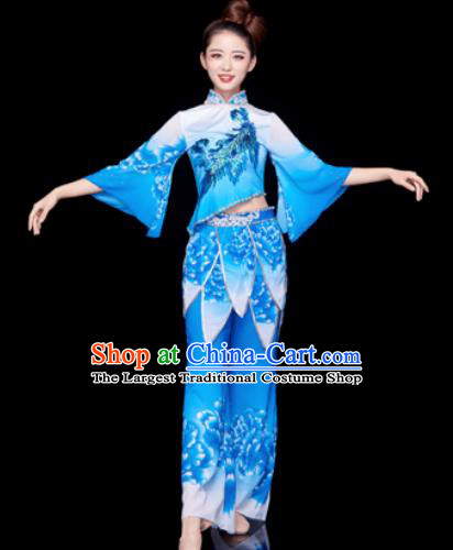 Traditional Chinese Spring Festival Folk Dance Blue Clothing Yangko Dance Fan Dance Costume for Women