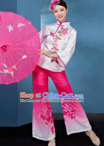Traditional Chinese Folk Dance Stage Show Clothing Yangko Dance Printing Peony Pink Costume for Women