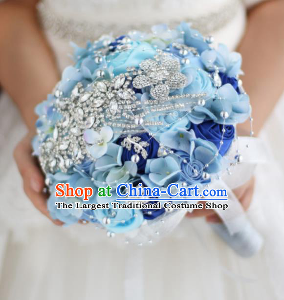 Top Grade Wedding Bridal Bouquet Hand Blue Roses Tied Bouquet Flowers for Women