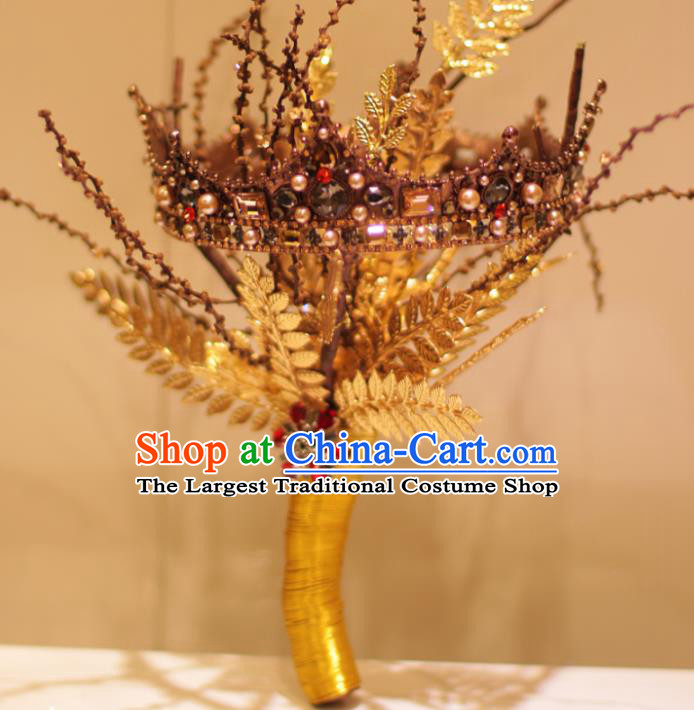 Top Grade Wedding Bridal Bouquet Hand Crystal Golden Royal Crown Tied Bouquet Flowers for Women