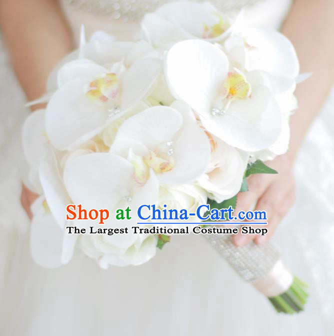 Top Grade Wedding Bridal Bouquet Hand White Phalaenopsis Ball Tied Bouquet Flowers for Women