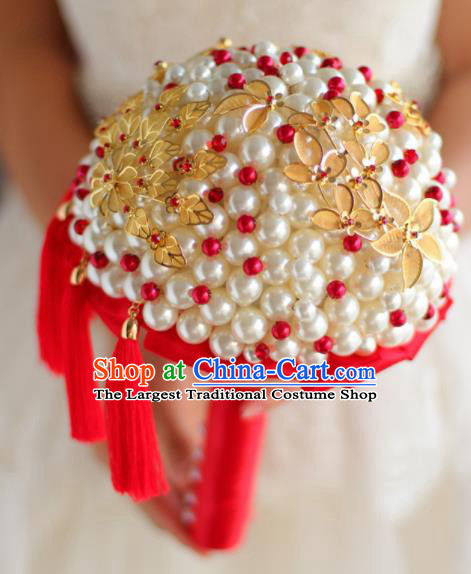 Top Grade Wedding Bridal Bouquet Hand Pearls Ball Tied Bouquet Flowers for Women