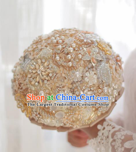 Top Grade Wedding Bridal Bouquet Hand Champagne Crystal Ball Tied Bouquet Flowers for Women