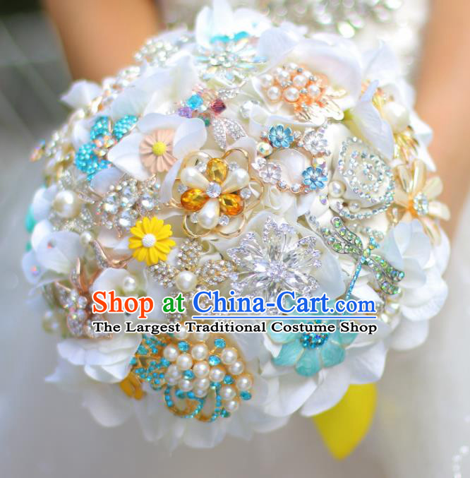 Top Grade Wedding Bridal Bouquet Hand Emulational White Flowers Ball Tied Bouquet Flowers for Women