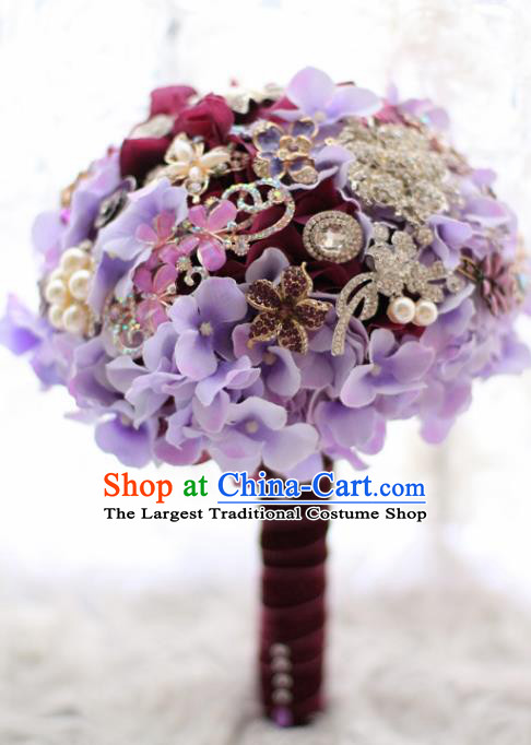 Top Grade Wedding Bridal Bouquet Hand Emulational Purple Flowers Crystal Ball Tied Bouquet Flowers for Women