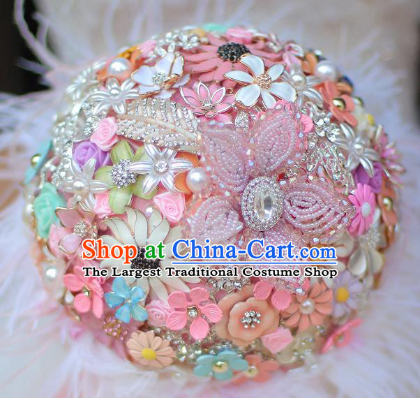 Top Grade Wedding Bridal Bouquet Hand Pink Beads Ball Tied Bouquet Flowers for Women