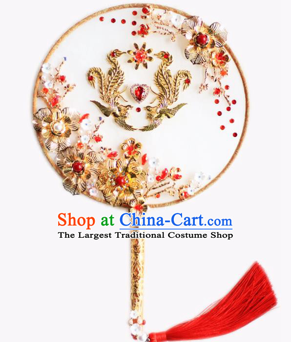 Chinese Traditional Wedding Round Fans Classical Bride Red Crystal Golden Phoenix Palace Fan for Women