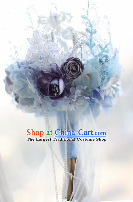 Top Grade Wedding Bridal Bouquet Hand Blue Flowers Royal Crown Bunch for Women