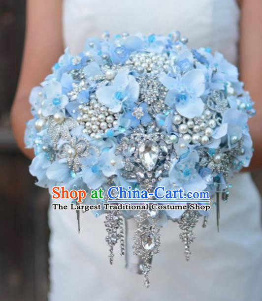 Top Grade Wedding Bridal Bouquet Hand Blue Flowers Beads Bunch for Women