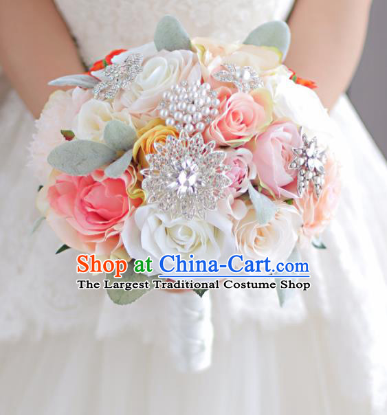 Top Grade Wedding Bridal Bouquet Hand White and Pink Rose Flowers Bunch for Women