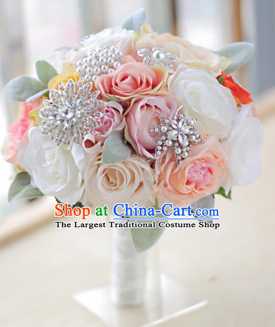 Top Grade Wedding Bridal Bouquet Hand White and Pink Rose Flowers Bunch for Women