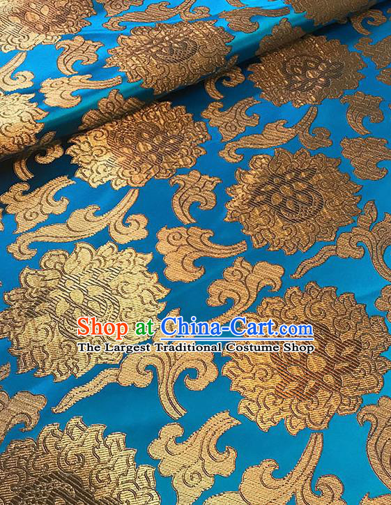 Asian Chinese Twine Lotus Pattern Blue Brocade Fabric Traditional Silk Fabric Tang Suit Material