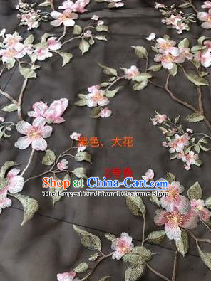 Asian Chinese Embroidered Peach Blossom Pattern Black Silk Fabric Material Traditional Cheongsam Brocade Fabric