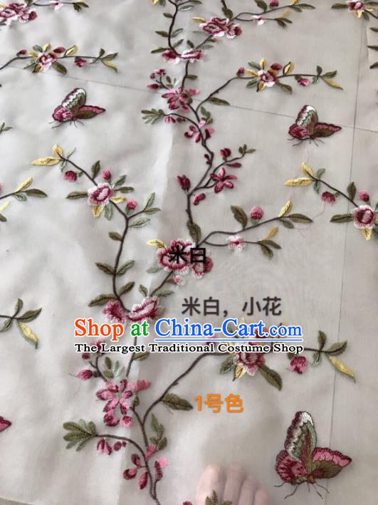 Asian Chinese Embroidered Peach Flowers Pattern White Silk Fabric Material Traditional Cheongsam Brocade Fabric