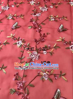 Asian Chinese Embroidered Peach Flowers Pattern Red Silk Fabric Material Traditional Cheongsam Brocade Fabric
