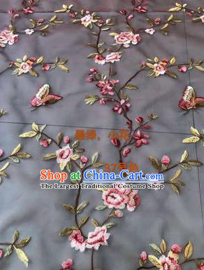 Asian Chinese Embroidered Peach Flowers Pattern Navy Silk Fabric Material Traditional Cheongsam Brocade Fabric