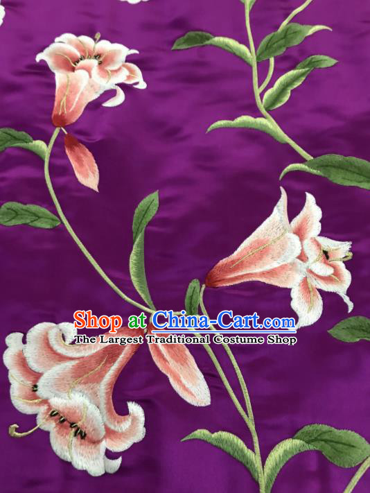 Asian Chinese Embroidered Lily Flowers Pattern Purple Silk Fabric Material Traditional Cheongsam Brocade Fabric