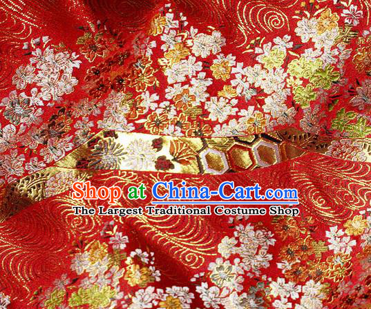 Asian Chinese Royal Cherry Blossom Pattern Red Brocade Fabric Traditional Silk Fabric Kimono Material