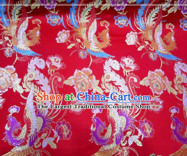Asian Chinese Traditional Phoenix Peony Pattern Red Nanjing Brocade Fabric Tang Suit Silk Material